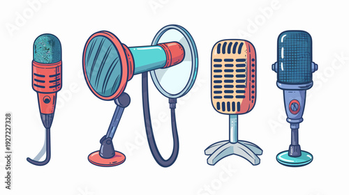 A set of four different styles of microphones with unique designs and shapes against a white background