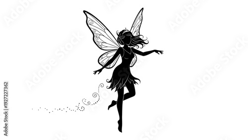 Black and White Fairy Illustration with Wings.