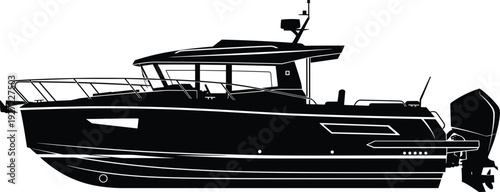 Modern Motor Yacht Silhouette Luxury Speedboat Marine Vessel Black White Vector Illustration Isolated Nautical Design