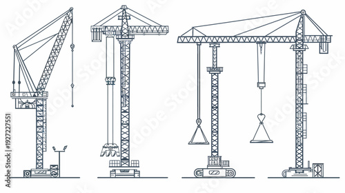 Four construction crane illustrations in a monochrome, line art style, showcasing detailed machinery