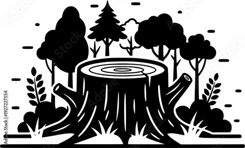 Tree stump icon featuring simple line art design with surrounding woodland forest – Black Vector Illustration