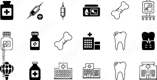 Medical and healthcare vector icon set. Solid and outline icons of medicine, injection, X-ray, bone, teeth, and hospital illustration. – Black and White Vector Illustration