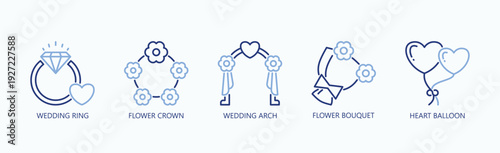 Bridal Bliss Icon Set Isolated Vector With Icon Of Wedding Ring, Flower Crown, Wedding Arch, Flower Bouquet, Heart Balloon, ,  In Two Color Glyph Style