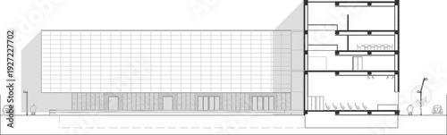 Architectural technical drawing showing a building's front elevation with a grid facade and a detailed cross-section view of its internal multi-story structure.