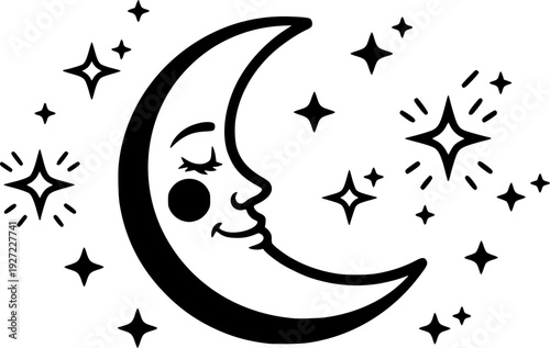 Whimsical crescent moon with smiling face and sparkling stars for nursery dream and bedtime concept – Black and White Vector Illustration