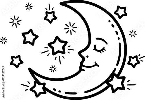 Whimsical crescent moon with smiling face and sparkling stars for nursery dream and bedtime concept – Black and White Vector Illustration