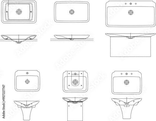 Comprehensive architectural CAD block collection featuring technical orthographic projections of bathroom sinks, pedestal basins, toilets, and bidets from multiple angles.