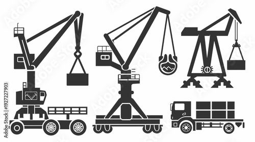 Silhouetted illustrations of various heavy lifting machines. Cranes, trucks, and industrial equipment