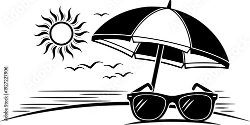 Relaxing beach scene with sunglasses sun and umbrella icon for summer vacation – Black and White Vector Illustration