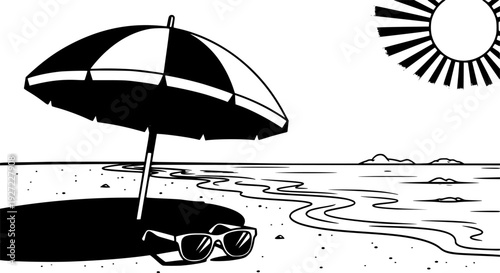 Relaxing beach scene with sunglasses sun and umbrella icon for summer vacation – Black and White Vector Illustration