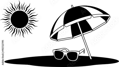 Relaxing beach scene with sunglasses sun and umbrella icon for summer vacation – Black and White Vector Illustration