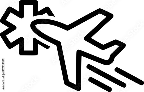 Sleek helicopter icon with rotating blades for travel and air transport – Black and White Vector Illustration