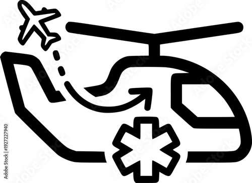 Sleek helicopter icon with rotating blades for travel and air transport – Black and White Vector Illustration