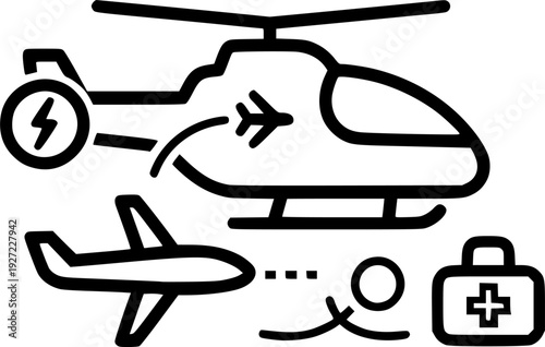 Sleek helicopter icon with rotating blades for travel and air transport – Black and White Vector Illustration