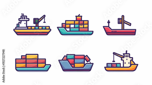Set of six colorful cartoon illustrations depicting different types of cargo ships and vessels