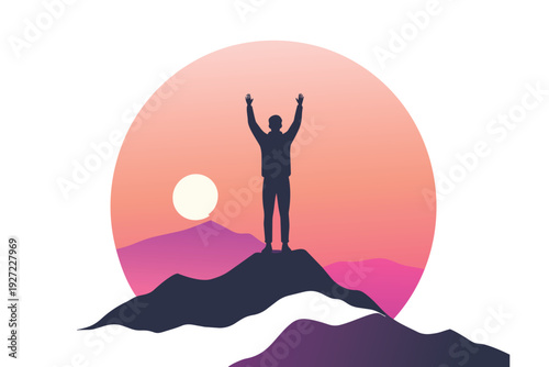 Yoga silhouette on mountain at sunset with abstract blue sky