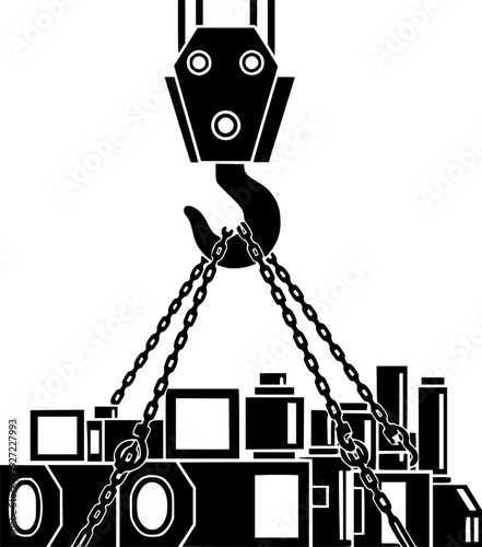 Industrial crane hook lifting heavy equipment with multiple chains and clasps – Black and White Vector Illustration