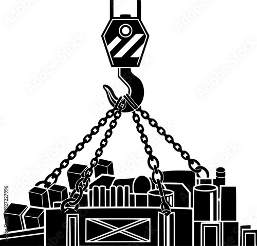 Industrial crane hook lifting heavy equipment with multiple chains and clasps – Black and White Vector Illustration