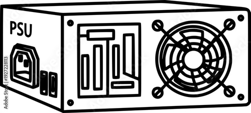 Computer PSU icon featuring simple outline design for electronic energy and hardware component – Black Vector Illustration