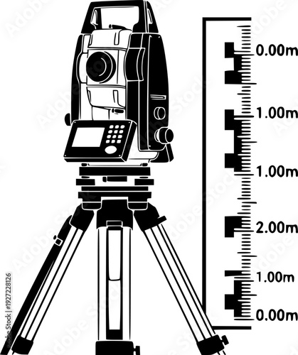 Surveying instrument on tripod with measurement scale for precision engineering and construction – Black and White Vector Illustration