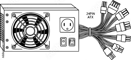 Computer PSU icon featuring simple outline design for electronic energy and hardware component – Black Vector Illustration