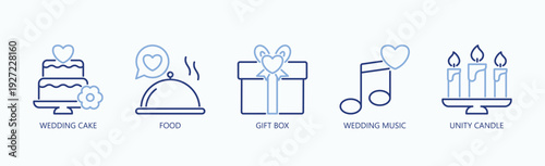 Wedding Essentials Icon Set Isolated Vector With Icon Of Wedding Cake, Food, Gift Box, Wedding Music, Unity Candle, ,  In Two Color Glyph Style