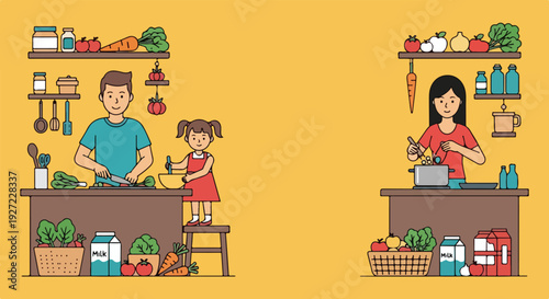 A father and daughter prepare vegetables at a kitchen counter, while a woman cooks with a pot and spoon in a separate scene, surrounded by fresh ingredients.
