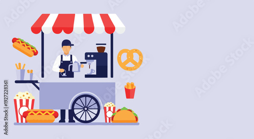 A flat design food stand with a vendor making coffee, surrounded by various street food items like hot dogs, popcorn, fries, a pretzel, and a taco.