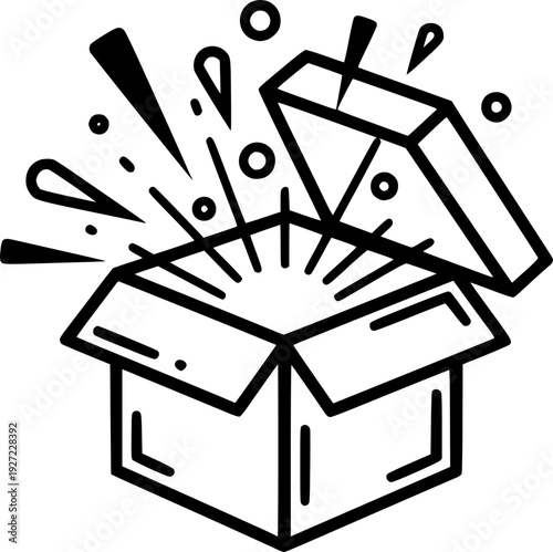 Open box radiating light symbolizing new ideas and unexpected discoveries – Black and White Vector Illustration