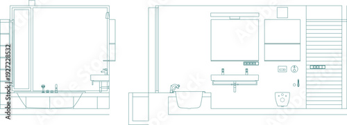 Technical bathroom elevations and sections featuring a bathtub, modern vanity, toilet, and shower enclosure, plus full interior floor plan layouts.