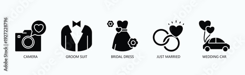 Bridal Moments Icon Set Isolated Vector With Icon Of Camera, Groom Suit, Bridal Dress, Just Married, Wedding Car, ,  In Black Style