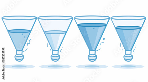Four stylized funnels with varying levels of liquid, with a minimalist cartoon style