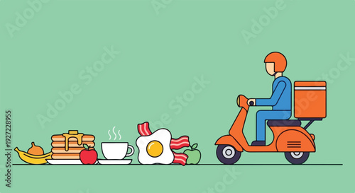 A delivery person on an orange scooter transports various breakfast items like pancakes, fruit, coffee, eggs, and bacon across a light green background.