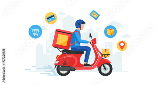 Delivery Man Riding Red Scooter.