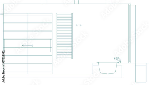 Technical bathroom elevation with a bathtub, built-in shelving unit, and towel radiator, including full floor plans and modern interior sections.