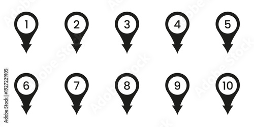 Black Numbered Location Pin Solid Icon Set. Sequential Map Marker Silhouette Symbol Collection. Navigation, Geolocation, And Wayfinding Design Elements. Isolated Vector Illustration