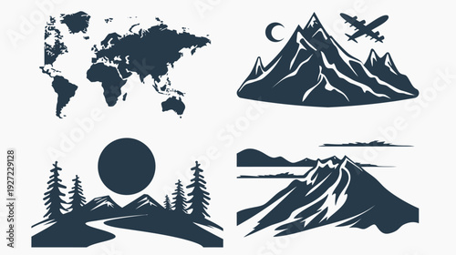 Collection of stylized, silhouette graphics featuring a world map, mountains, trees, and airplane