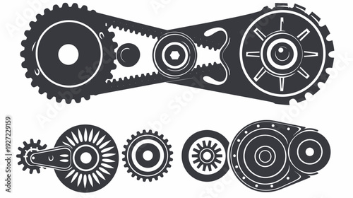 Silhouetted mechanical gears, cogs, and machinery elements, in dark gray on a white background