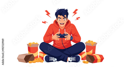 A young man sitting cross-legged on the floor, holding a video game controller with fast food scattered around him, conveying a stressed and intense mood.