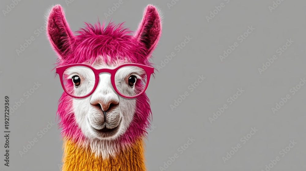 Fototapeta premium Colorful llama with pink fur and glasses poses against a gray background, showcasing a playful and whimsical character in a vibrant and humorous style