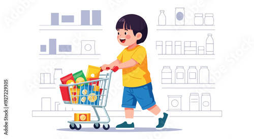 Cartoon boy pushing a shopping cart filled with colorful items in a grocery store aisle with a cheerful mood.
