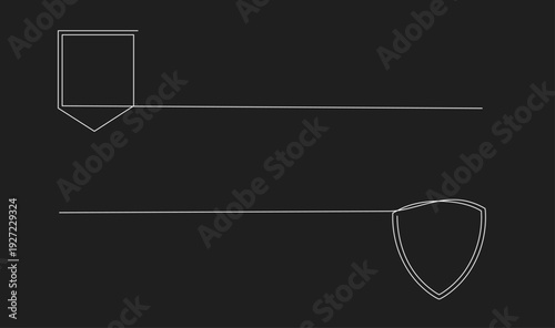 Minimalist White Line Art Banner and Shield Emblems with Horizontal Lines on Black Background