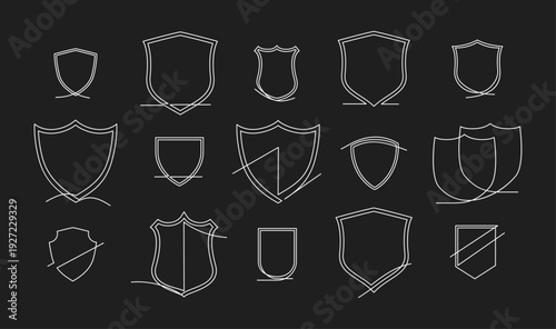 Minimalist Set White Line Art Banner and Shield Emblems with Horizontal Lines on Black Background