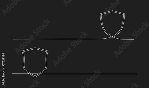 Continuous Line Drawing of Two Shield Icons on Black Background for Security Concept