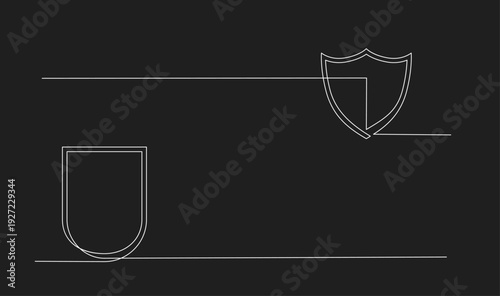 Continuous Line Drawing of Two Minimalist Security Shields with Connecting Abstract Lines on Black Background