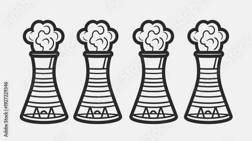 Four stylized, black and white smokestacks releasing fumes. Graphic on a light gray backdrop