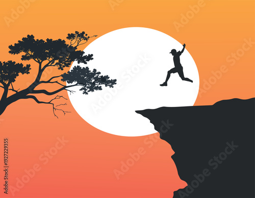Silhouette of a man standing on a world map with travel and nature elements