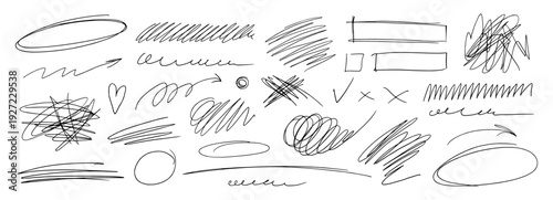 Pen scratch arrow and scribble doodle swirl with squiggle random squiggly. Effect line messy and pencil sketch circle with isolated stroke element. Abstract vintage pen drawing and mark scribble