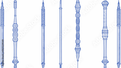 Collection of stylized blue and white illustrations of vertical design elements, varying styles