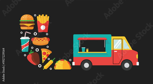 A colorful flat-design illustration features a red and blue food truck and a diverse assortment of popular fast food items on a dark background.